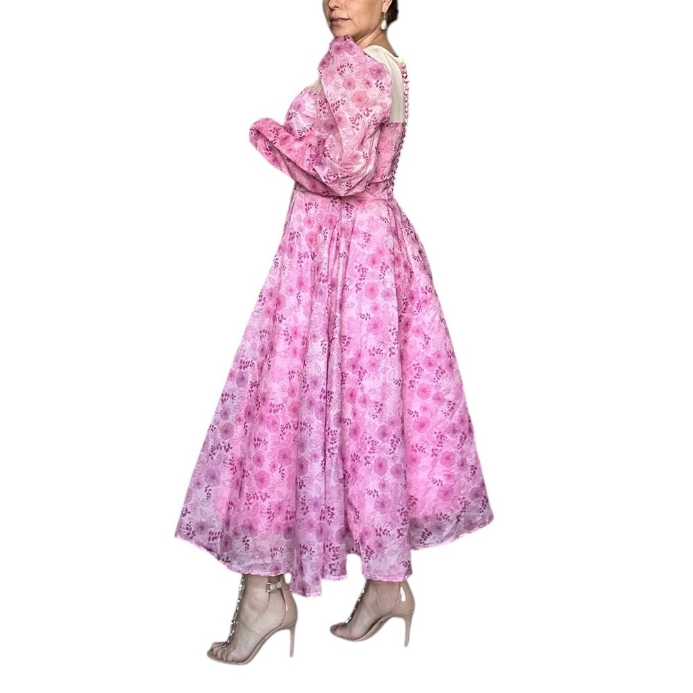 Dreamy Pink Floral Puff-Sleeve Midi Dress | Decorative Buttons | Size Small - Picture 6 of 16